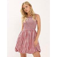 Pixiegirl Petite Check Shirred Puffball Mini Dress - Red