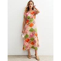 New Look Orange Patchwork Print Puff Sleeve Midi Dress