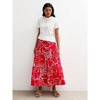 New Look Red Shell Print Poplin Tiered Midi Skirt