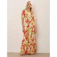 Long Tall Sally Tall Coral Red Abstract Palm Flutter Maxi Dress