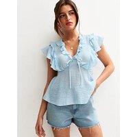 New Look Light Blue Crinkle Texture Frill Trim Cap Sleeve Top