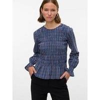 Vero Moda Long Sleeve Check Print Shirred Top - Blue
