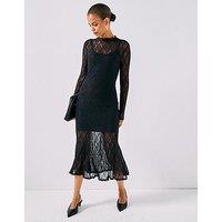 Aware Tessy Long Sleeve High Neck Lace Midi Dress - Black