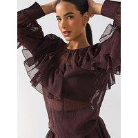 Vero Moda Sabrina Long Sleeve O Neck Flounce Top - Brown