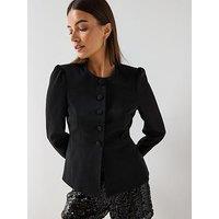 Vero Moda Sabia Fitted Peplum Satin Collarless Blazer - Black