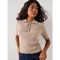 Aware Shirli Short Sleeve Knit Polo Top - Beige