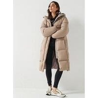 Hugo Long Hooded Puffer Coat - Light Beige