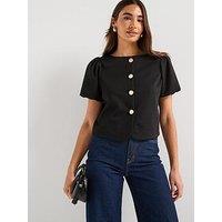 V By Very Puff Sleeve Button Up Top - Black