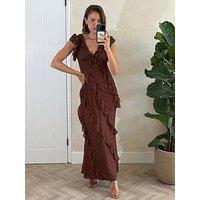 Style Cheat Chocolate Spot Ruffle Maxi Dress - Brown