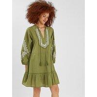 Accessorize Embroidered Long Sleeve Mini Dress - Khaki - White