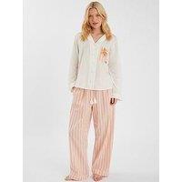 Accessorize Embroidered Stripe Long Pyjamas Set - Pink