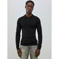 River Island Long Sleeve Ribbed Muscle Fit Knitted Polo Shirt - Black