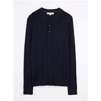 River Island Long Sleeve Ribbed Muscle Fit Knitted Polo Shirt - Navy