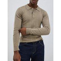 River Island Long Sleeve Ribbed Muscle Fit Knitted Polo Shirt - Beige