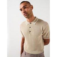 River Island Short Sleeve Rib Knitted Polo Shirt - Beige