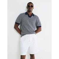 River Island Short Sleeve Geo Pattern Boucle Knitted Polo Shirt - Navy