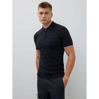 River Island Short Sleeve Textured Muscle Fit Knitted Polo Shirt - Black