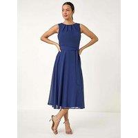 Roman Chiffon Pleated Neck Midi Dress - Navy