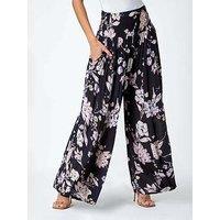 Roman Floral Elastic Waist Wide Leg Palazzo Trousers - Black