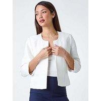 Roman 3/4 Sleeve Pleated Textured Cropped Jacket - Ivory