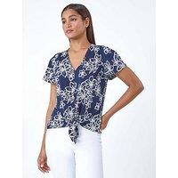 Roman Textured Floral Print Tie Front Top - Navy