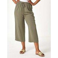 Roman Petite Linen Mix Wide Cropped Trousers - Khaki