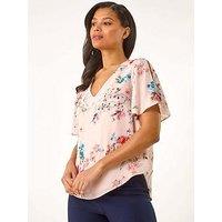 Roman Floral Angel Sleeve Top - Light Pink
