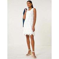 Roman Flower Embroidery Shift Dress - White