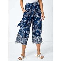 Roman Paisley Print Wide Leg Cropped Trousers - Navy