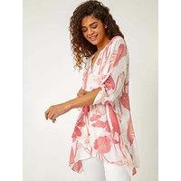 Roman Palm Print V-Neck Wrap Hem Tunic Top - Coral