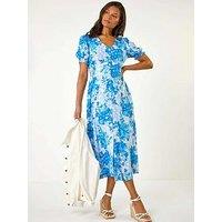 Roman Button Through Floral Shirred Midi Dress - Blue