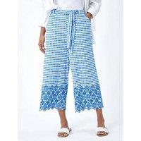 Roman Gingham Cotton Broderie Cropped Trousers - Blue