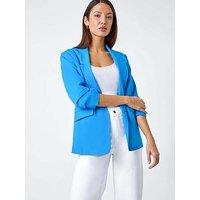 Roman Ruched 3/4 Sleeve Stretch Blazer - Blue