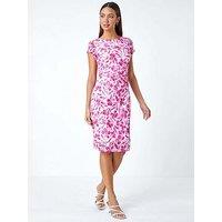 Roman Floral Lace Gathered Stretch Bodycon Dress - Ivory
