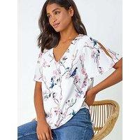 Roman Floral Angel Sleeve V-Neck Top - Ivory