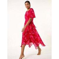 Roman Floral Frill High Low Midi Dress - Red