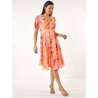 Roman Abstract Painted Floral Hanky Hem Dress - Orange