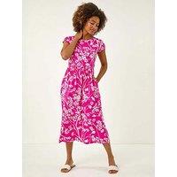 Roman Floral Print Midi Stretch Dress - Pink
