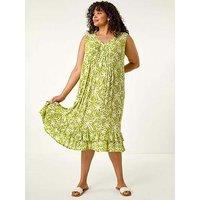 Roman Curve Palm Print Peated V-Neck Dress - Green