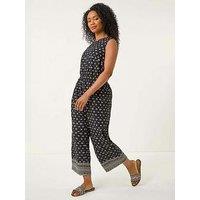 Roman Petite Aztec Print Cropped Jumpsuit - Black