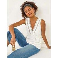 Roman Detailed Trim V-Neck Top - White