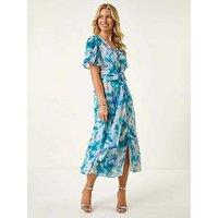 Roman Petite Abstract Print Ruched Midi Dress - Turquoise