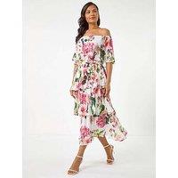 Roman Bardot Floral Tiered Dress - Ivory