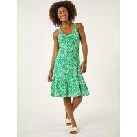 Roman Leaf Print Strappy Frill Dress - Green