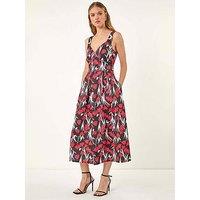 Roman Sweet Heart Floral Print Stretch Dress - Red