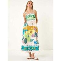Roman Beach Print Strappy Midi Dress - Ivory