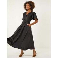 Roman Tie Back V-Neck Stretch Midi Dress - Black