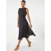 Roman Chiffon Pleat Neck Midi Dress - Black
