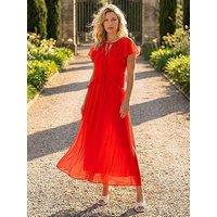 Roman Frill Tie Neck Maxi Dress - Red