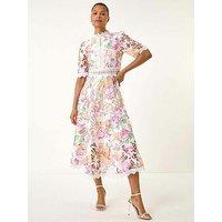 Roman Floral Lace Midi Dress - White